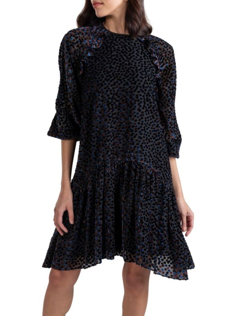 Anthropologie Dress Shoshanna Henley Flocked Dot Jet Mocha Navy Velvet Chiffon 8